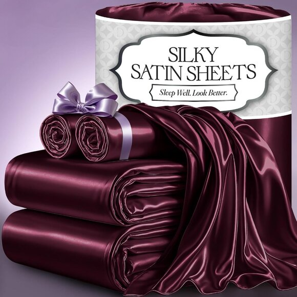19- Satin 4 Piece Luxury Silky Queen Size Bedding Set 15" Deep - Picture 1 of 8
